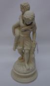 Parian ware model of a young girl carrying a child over a stream on circular base H42cm