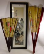 Oriental Landscape on silk 88cm x 21cm & two large fans with painted decoration (3)