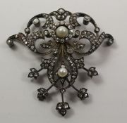 Early 20th century old cut diamond and pearl pendant, gold backed silver setting, swivel link 5.