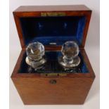 Army & Navy oak decanter box containing two square decanters with later silver collars H28cm