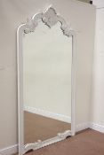 French style white finish carved wood mirror, ornate top pediment, bevelled glass,