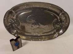 Kayserzinn Art Nouveau game dish and a plated metal card holder with enamel centre