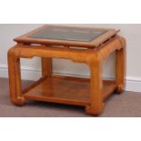 Chinese style pollard oak glass top lamp table with undertier, 73cm x 64cm,