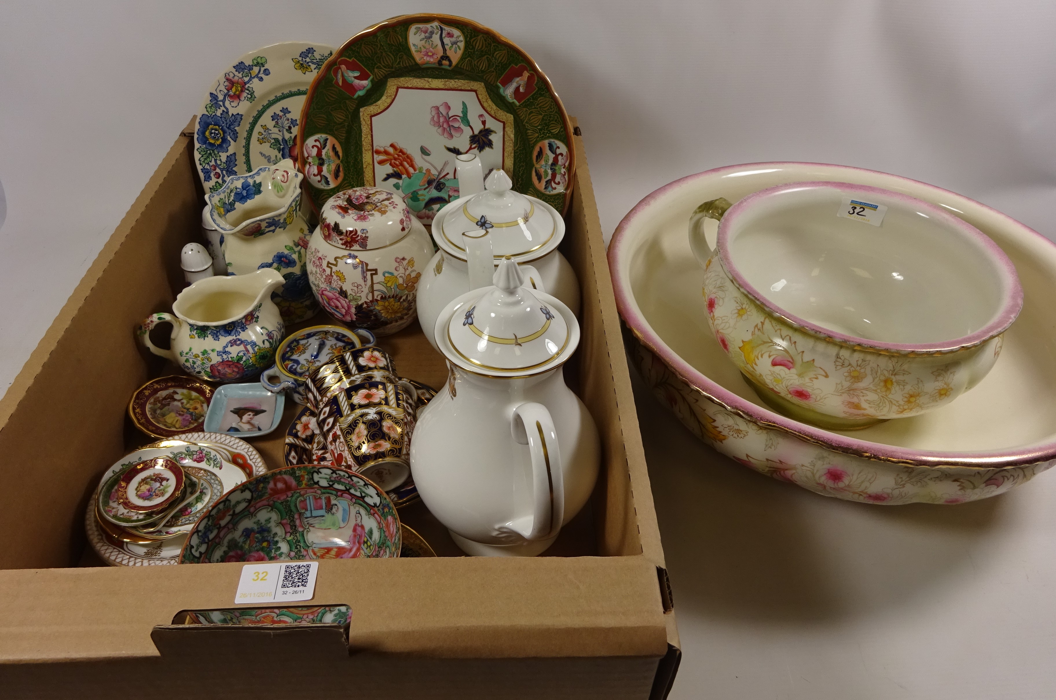 Pair of Royal Crown Derby Imari pattern cups saucers, Victorian and later Mason's Ironstone China,