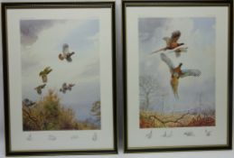 Pheasants and Partridge in Flight, pair colour prints after J C Harrison pub.