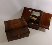 Walnut correspondence box & contents including stamps walnut jewellery box and a leather travel