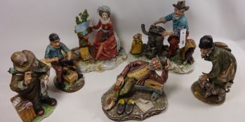 Two Capodimonte figures 'The Chestnut Man' and a lady painting with four other Capodimonte type