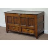 Late 18th century oak and banded panelled mule chest, hinged lid, fitted with two drawers, W134cm,