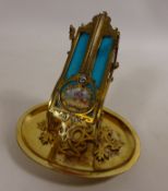 19th century gilt metal & porcelain thermometer/desk stand H12cm Condition Report