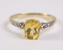 Golden beryl solitaire ring diamond shoulders hallmarked 9ct Condition Report