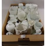 Collection of milk glass vases, set of three decanters,
