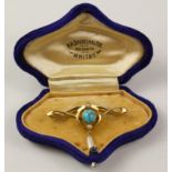 Edwardian pearl and turquoise brooch stamped 15ct approx 5gm in original box Condition