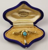 Edwardian pearl and turquoise brooch stamped 15ct approx 5gm in original box Condition