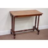 Victorian figured walnut table raised on bobbin turned stretcher base, 86cm x 44cm,