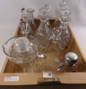 Pair of Regency mallet shaped decanters six other decanters and a jug in one box