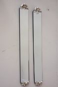 Pair narrow wall mirrors with silvered pediments and bevelled glass 123cm x 16cm