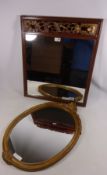 Chinese rosewood mirror with carved wood panel and an oval mirror with gilt frame
