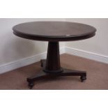 Victorian circular mahogany tilt top breakfast table, raised on octagonal column,