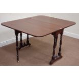 Victorian mahogany drop leaf dining table, raised on turned gateleg action base, 106cm x 131cm,