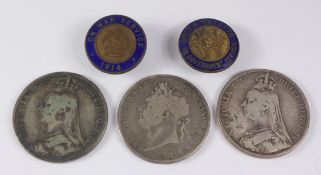 George III crown 1821, two Victorian crowns 1889 and 1890,