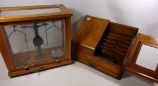Edwardian oak correspondence box and a chemical balance Condition Report <a