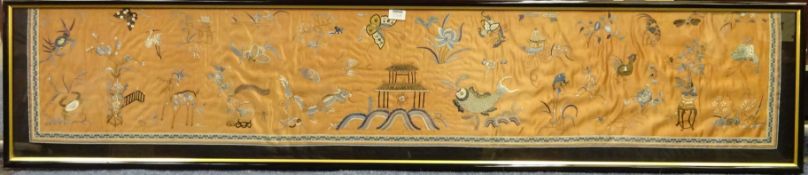 Silk oriental embroidery depicting various animals 34cm x 180cm Condition Report
