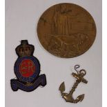 A bronze Death Plaque for Charles Chilvers a Royal Horse Artillery badge and a metal Naval anchor