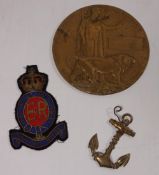 A bronze Death Plaque for Charles Chilvers a Royal Horse Artillery badge and a metal Naval anchor