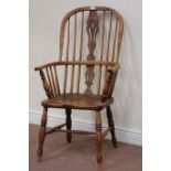 19th century ash and elm Windsor armchair, stick and beech splat back,