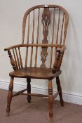 19th century ash and elm Windsor armchair, stick and beech splat back,
