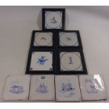 Five framed Delph tiles decorated with figures & animals and four later unframed tiles H13cm (9)