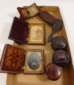 Three Victorian photographs in frames two Bakelite stud boxes a pocket combination brush,