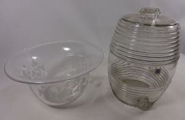Large bell shaped bowl etched with trailing foliage D31cm and a glass spirit barrel H30cm (2)