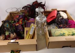 Pair of glass candlesticks, handbags, decorative beading, jewellery box,