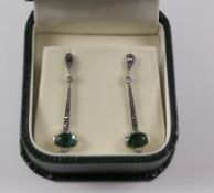 Pair of green tourmaline and marcasite drop ear-rings stamped 925 Condition Report