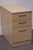 Oak finish three drawer filing pedestal chest, W42m, H73cm,