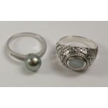 Tahitian pearl & white topaz ring and a ring set with an aquamarine both stamped 925