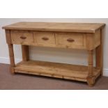 Waxed reclaimed pine dresser base fitted with three drawers, W152cm, H82cm,