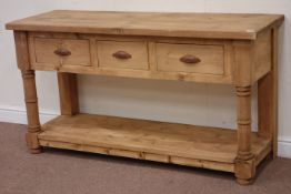 Waxed reclaimed pine dresser base fitted with three drawers, W152cm, H82cm,