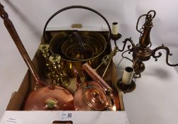 Copper kettle and warming pan, brass preserve pans,