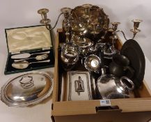 Silver plated entree dishes, salver, candelabra's, pewter, tea pots,