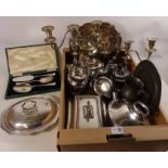 Silver plated entree dishes, salver, candelabra's, pewter, tea pots,