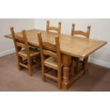 Rectangular pine dining table, raised on turned leg stretcher base, bread boarded top (200cm x 95cm,
