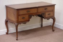 Edwardian knee hole desk/dressing table, four drawers, raised on carved cabriole legs, W122cm,