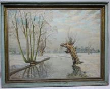 'Youth & Age' - River scene in Winter, mid 20th century oil on canvas by Percy S Laws,