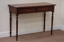 Reproduction mahogany two drawer side table, W105cm, H76cm,