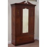 Edwardian inlaid mahogany wardrobe enclosed by mirror glazed door, drawer to base, W127cm, H218cm,