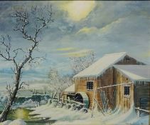 Mill in a Snowy Landscape, oil on board signed and dated Sheila Turner 87,