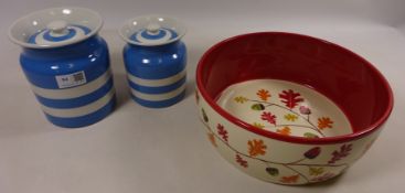 Two TG Green storage jars and a large 'Autumn' hand painted bowl (3) Condition Report