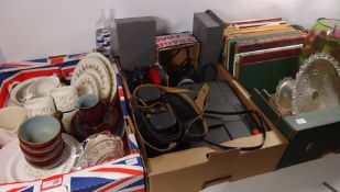 Denby teaware, Royal Crown Derby dinnerware, music manuscripts, Two pairs of binoculars,